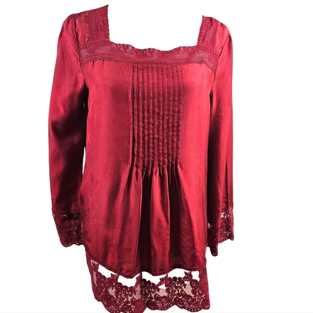 Sundance 100% Silk Long Sleeve Lace Trim Blouse In Small